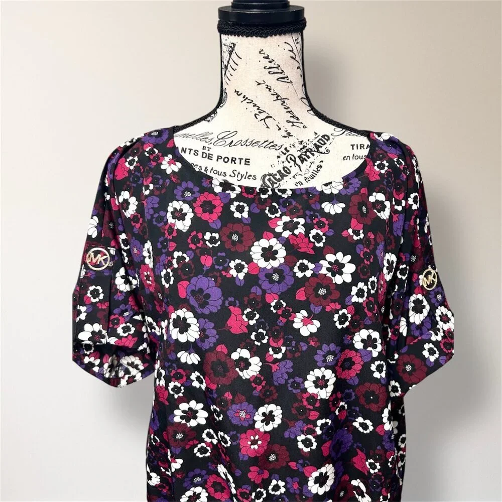 Michael Kors L Floral Blouse Smocked Waist Oversized‎ Top Gold MK Logo Boho